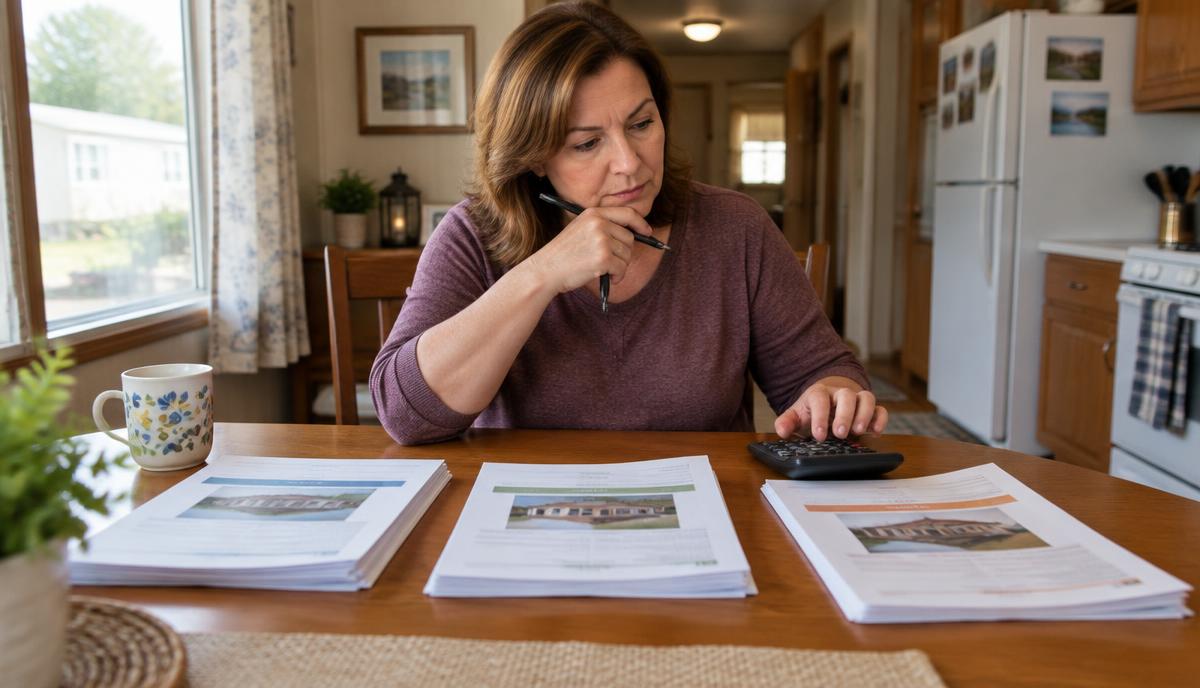 Mobile home owner comparing three selling options at the kitchen table