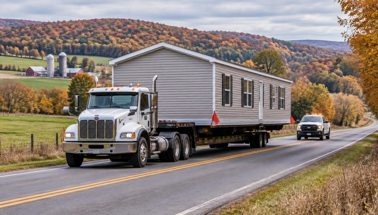 Casa móvil sencilla transportada en una plataforma con vehículo de escolta en una carretera rural de Pensilvania