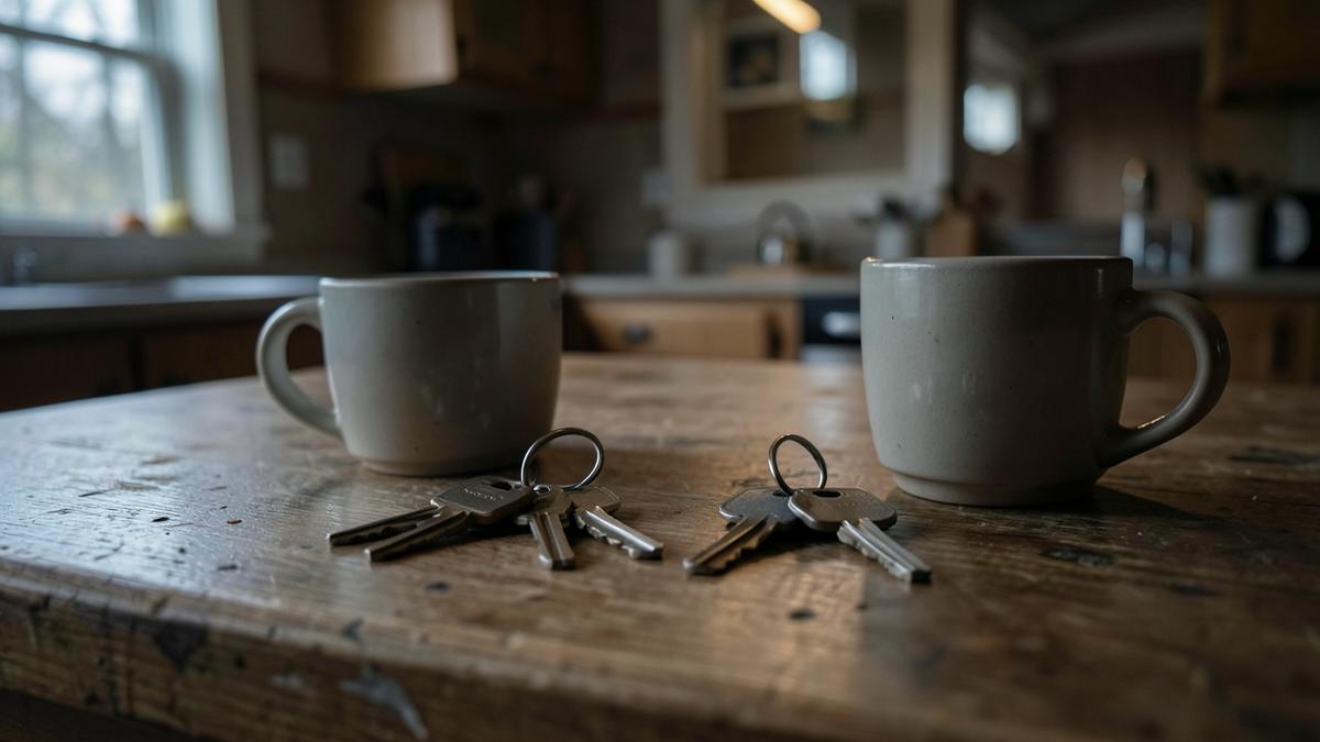 Two sets of keys on a table inside a Pennsylvania mobile home