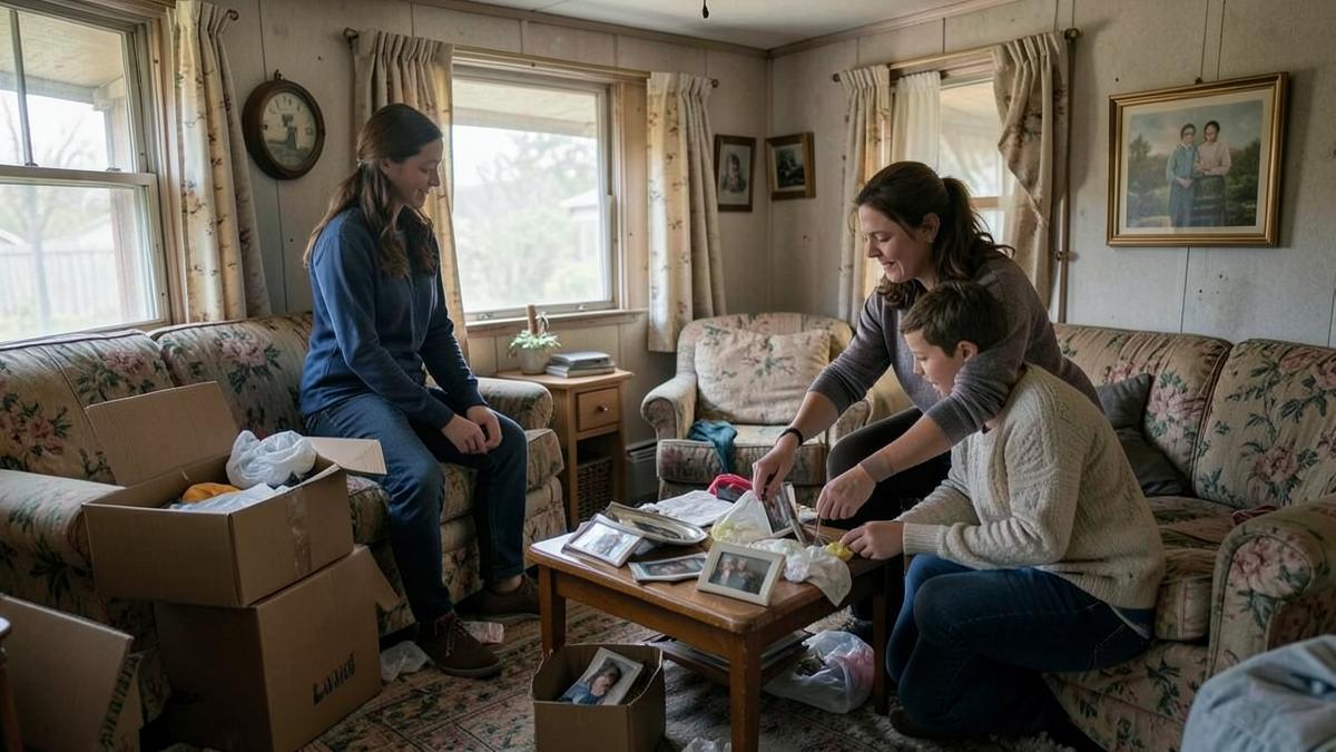 Family sorting belongings in an inherited Pennsylvania mobile home
