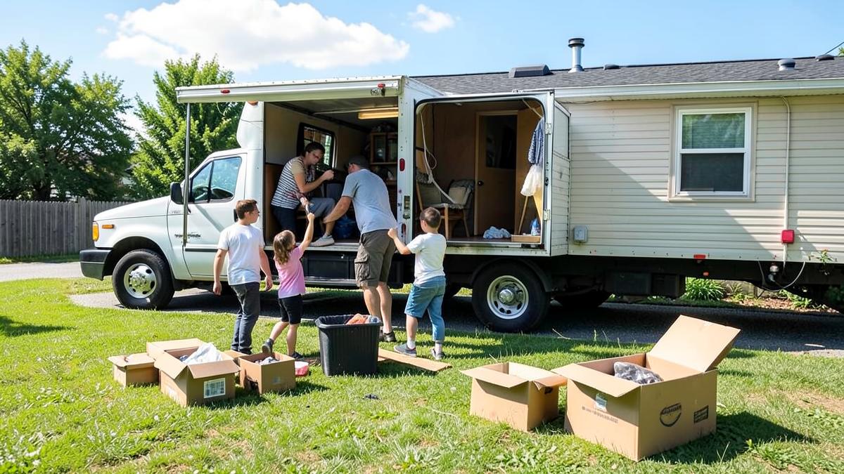 Moving boxes and a truck outside a Pennsylvania mobile home