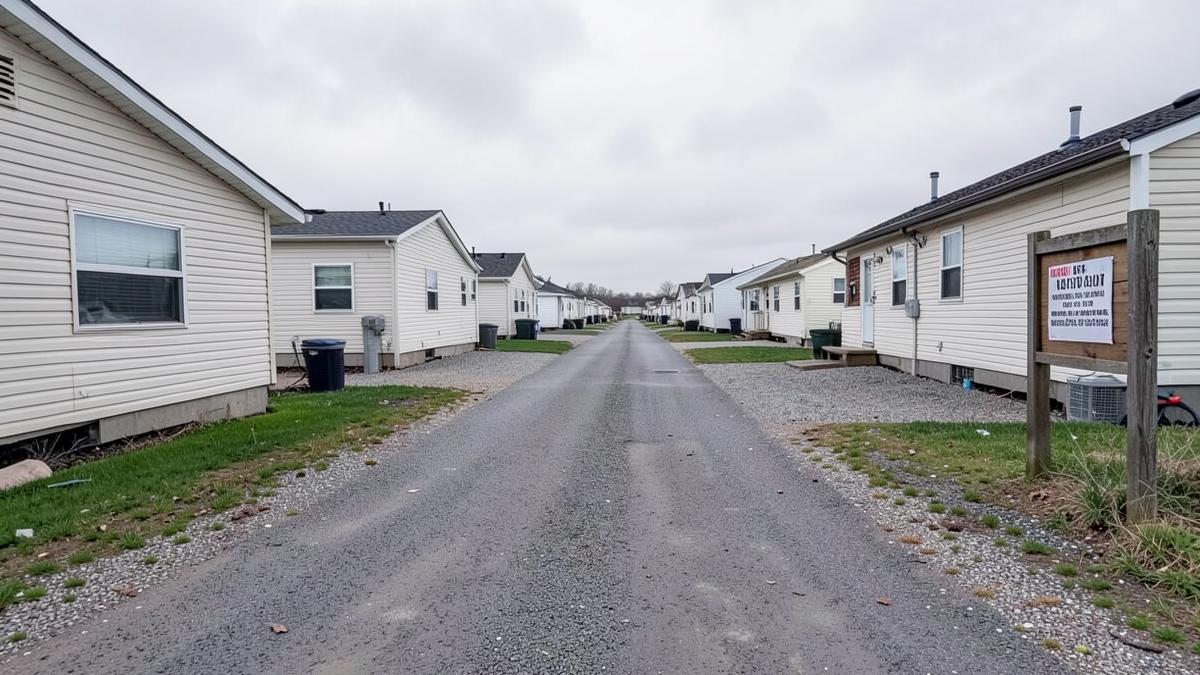 Pennsylvania mobile home park entrance sign with homes along the street