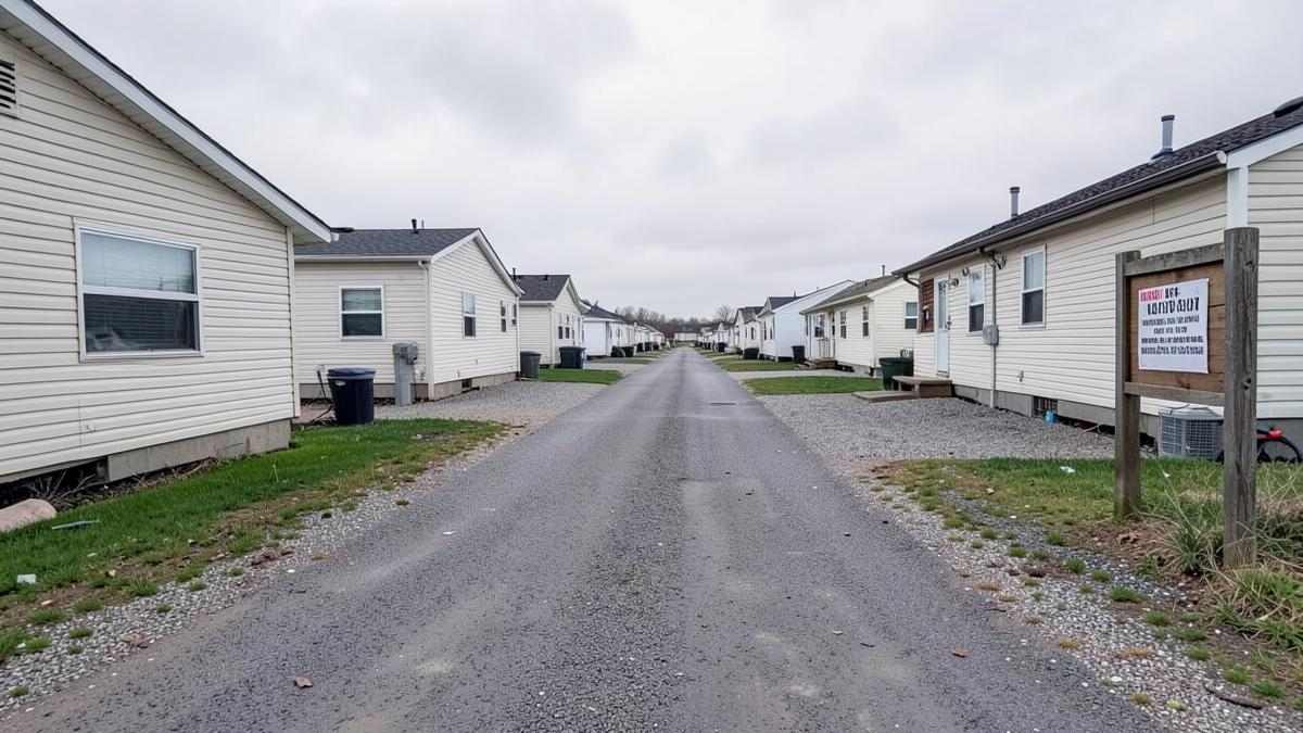 Pennsylvania mobile home park entrance sign with homes along the street