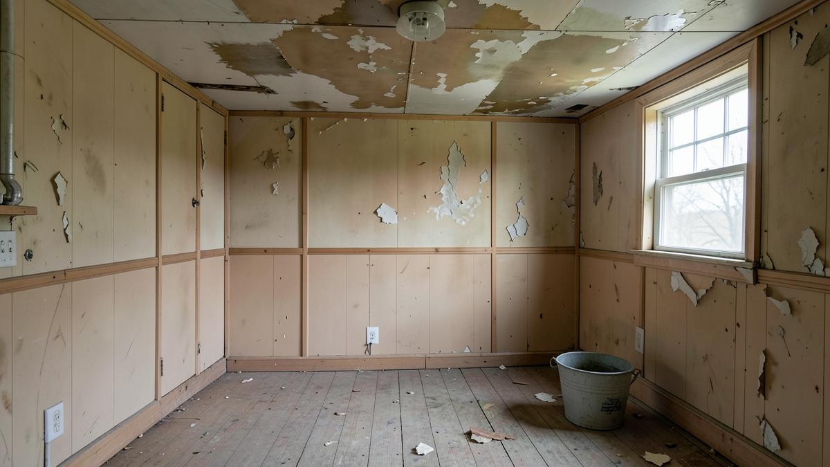 Water-damaged interior of a Pennsylvania mobile home with a stained ceiling