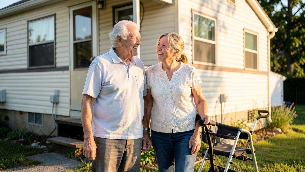 Older Pennsylvania couple with a caregiver outside their mobile home
