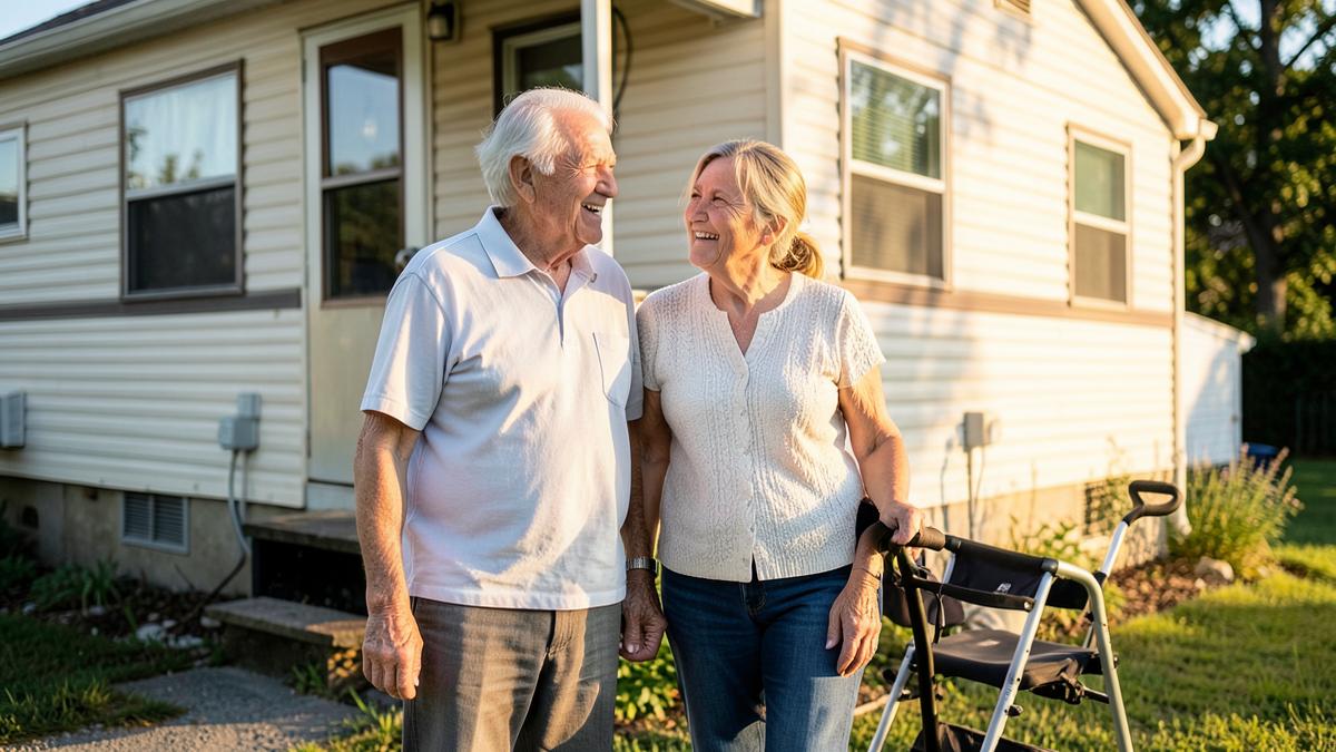 Older Pennsylvania couple with a caregiver outside their mobile home