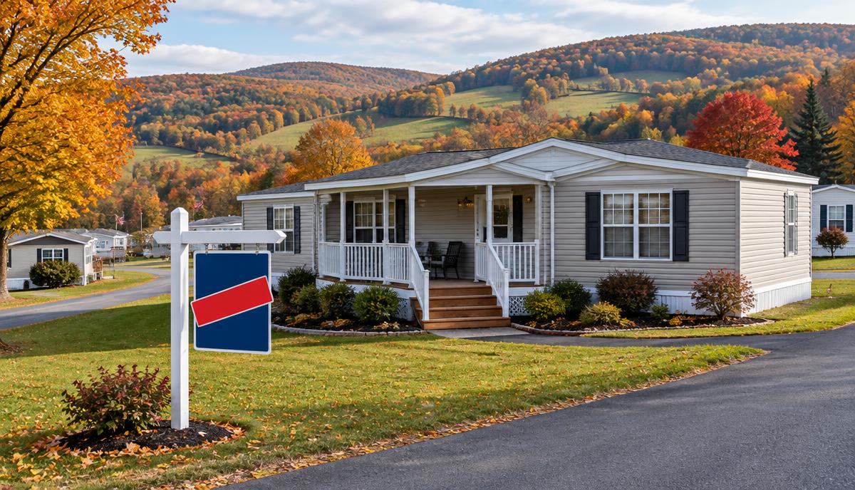 Double-wide mobile home for sale in a Pennsylvania community in autumn
