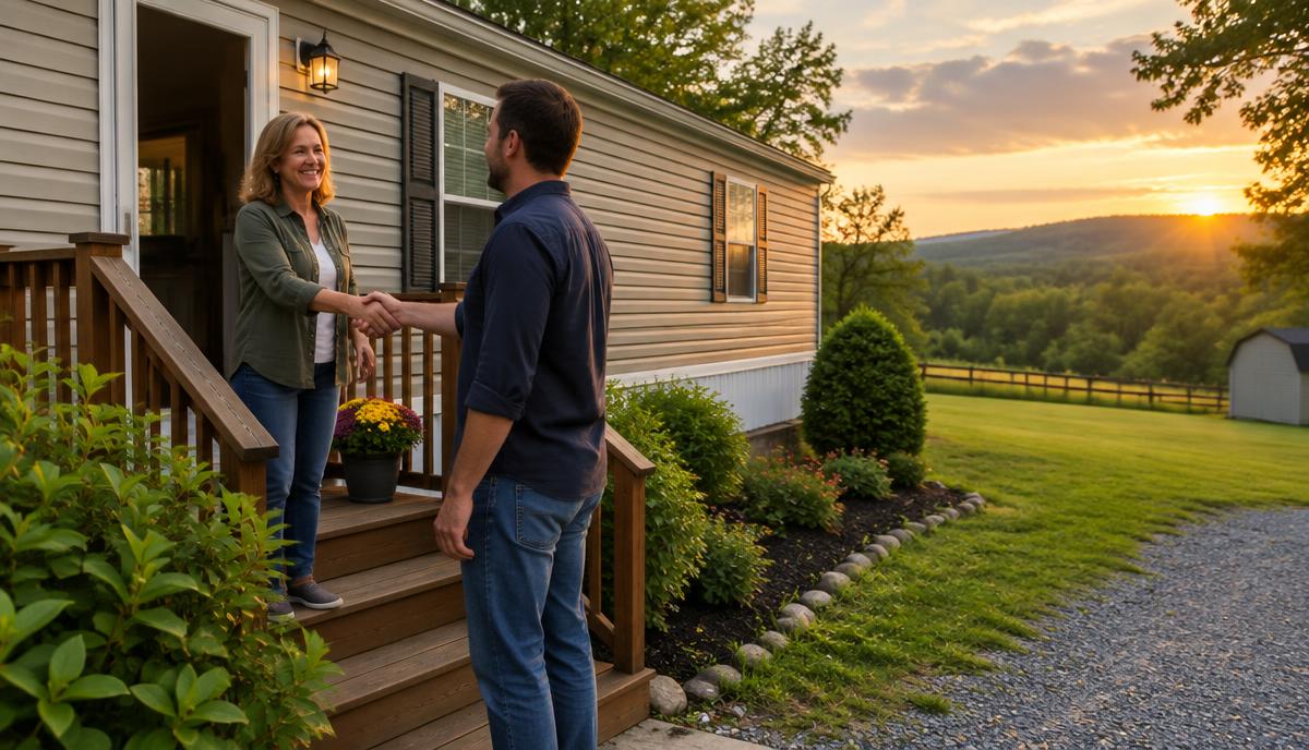 Pennsylvania mobile home seller shaking hands with a cash buyer on the front steps
