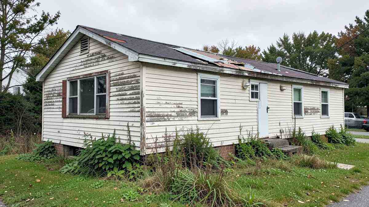 Older Pennsylvania mobile home needing repairs with worn siding and a damaged roof