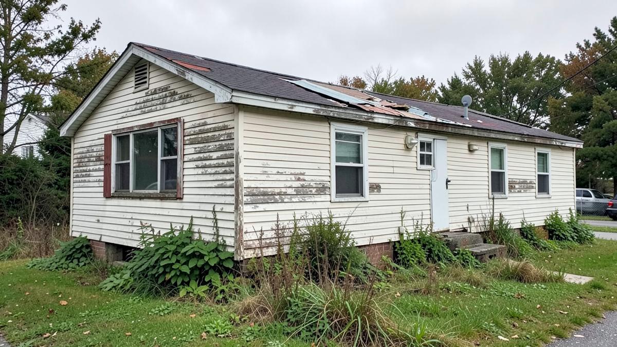 Casa móvil antigua en Pennsylvania con techo dañado y revestimiento desgastado