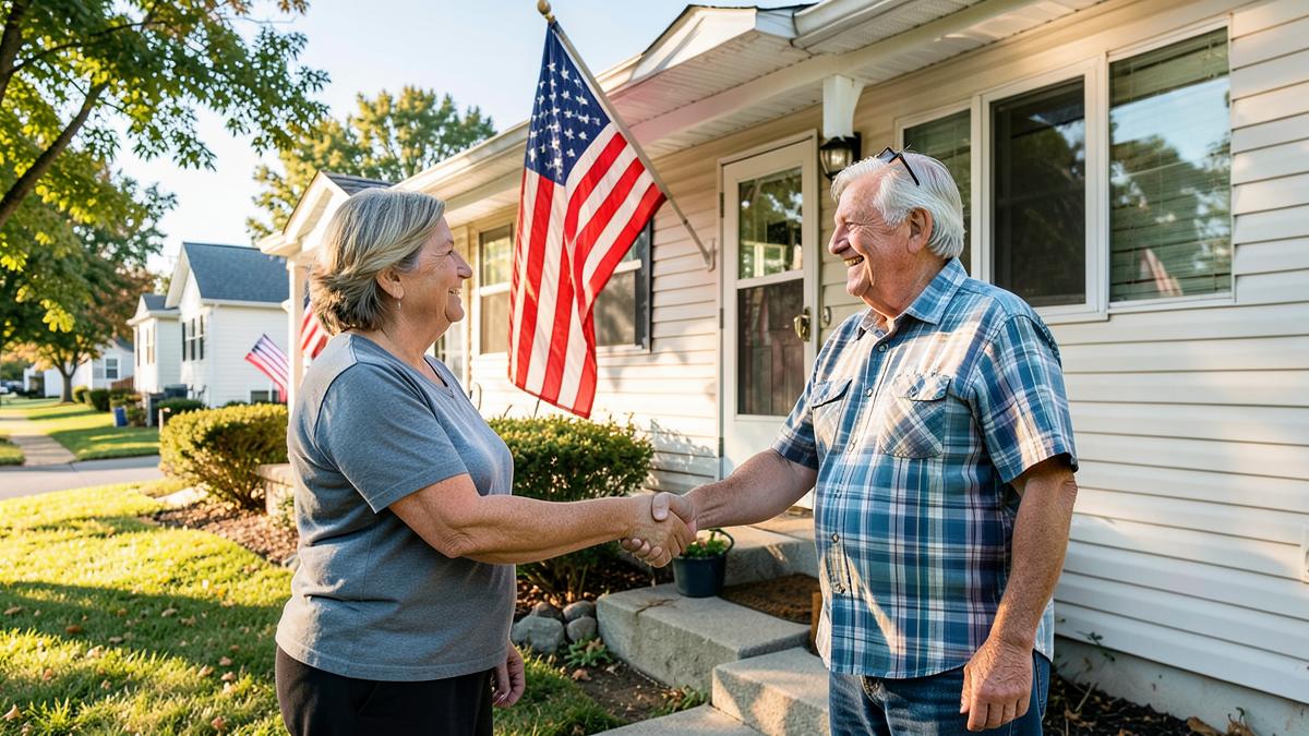 Comprador de casas móviles en Pennsylvania saludando a una vendedora frente a su casa
